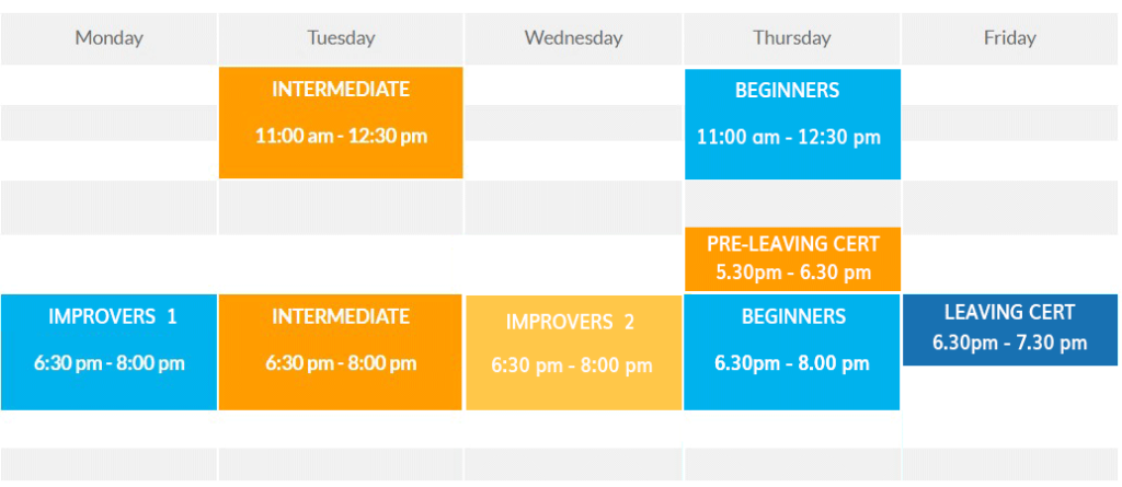 schedule of Spanish classes online Wexford 2020 2021